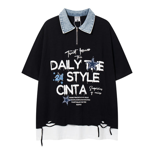 Unisex Foam Letter Print Half-Zip T-shirt
