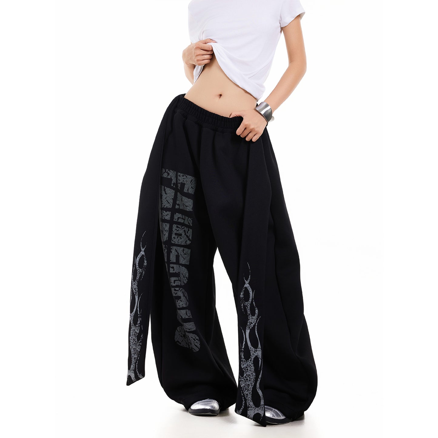 Retro niche letter flame ribbon casual pants for women