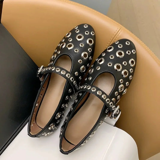 Hollow Out Rivet Mary Jane Ballet Flats Shoes
