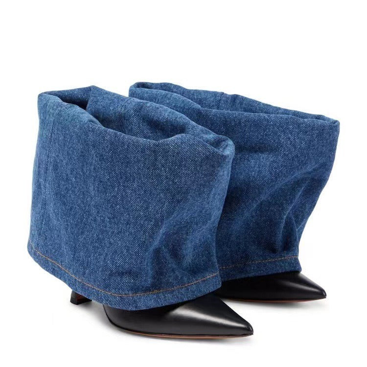 Women's denim  pointed toe high heel short boots sexy trouser boots