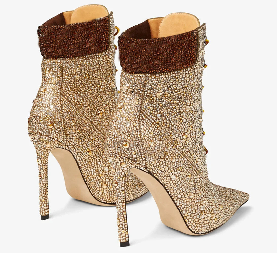 Diamond Mixed Color Water Diamond Cross Strap Ankle Boots