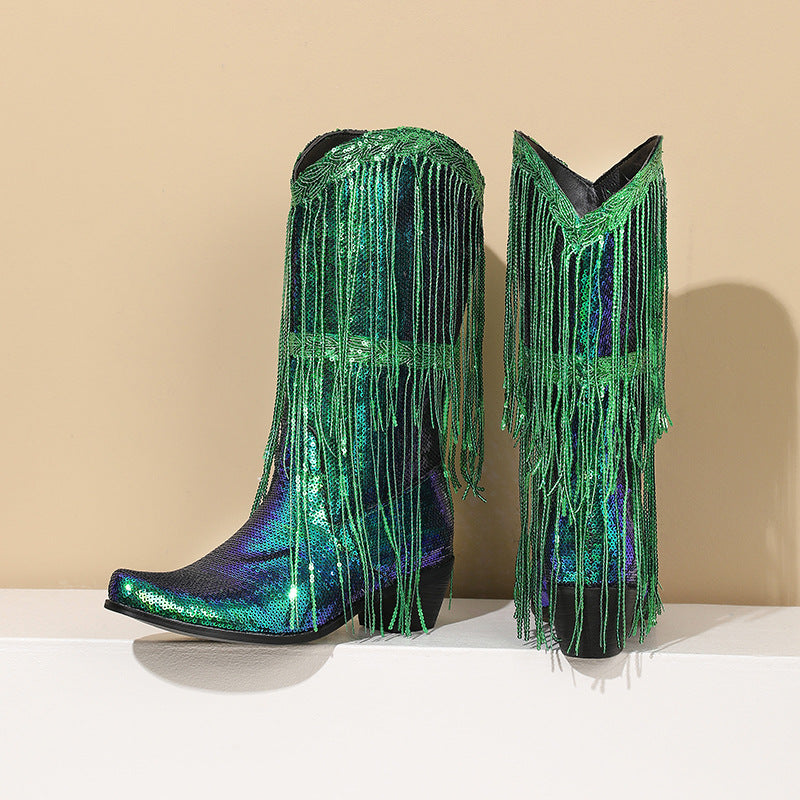 Gold Green Purple Sequin Western Cowboy Boots with Tassels